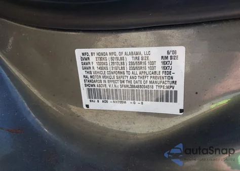 2008 Honda Odyssey Ex-L from USA, damaged, VIN 5FNRL38648B094518